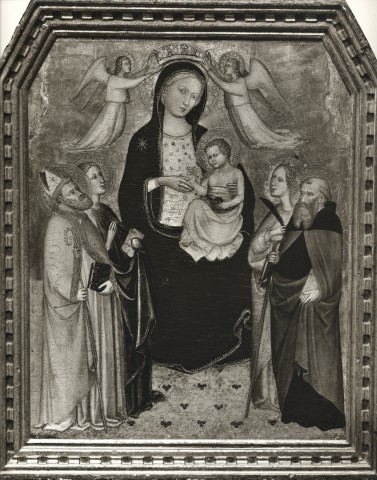 Anonimo — Ventura di Moro (Pseudo Ambrogio di Baldese) - sec. XV - Madonna con Bambino, angeli e santi — insieme
